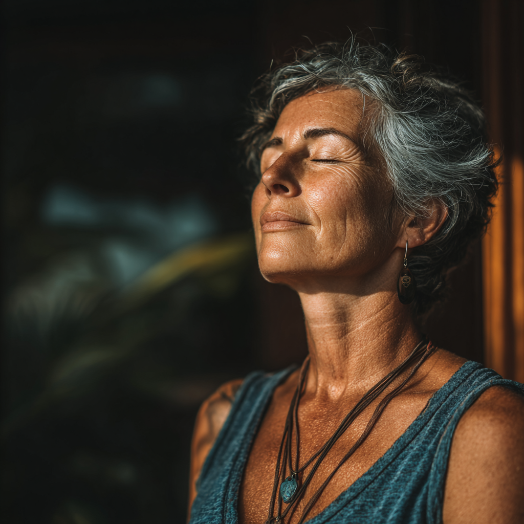 Mujer de 52 años en posición de meditación con ojos cerrados, expresando paz y tranquilidad en un ambiente sereno con luz natural