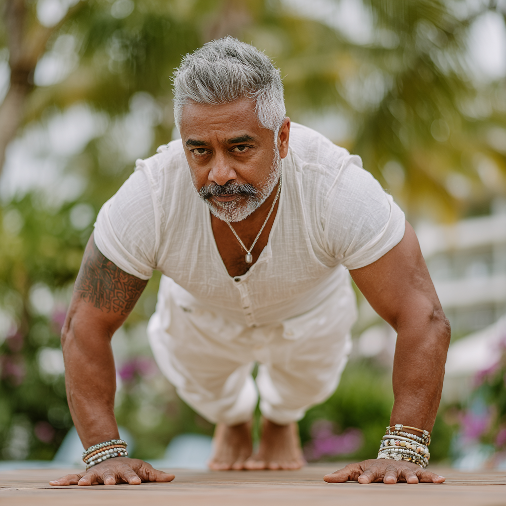 Hombre de 58 años practicando posturas de yoga al aire libre, demostrando flexibilidad y concentración en un entorno natural